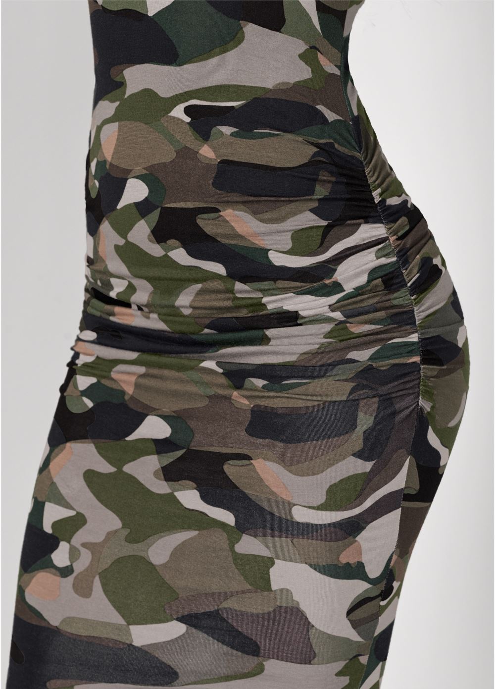 Venus Olive Multi Sleeveless Ruched Bodycon Midi Dress