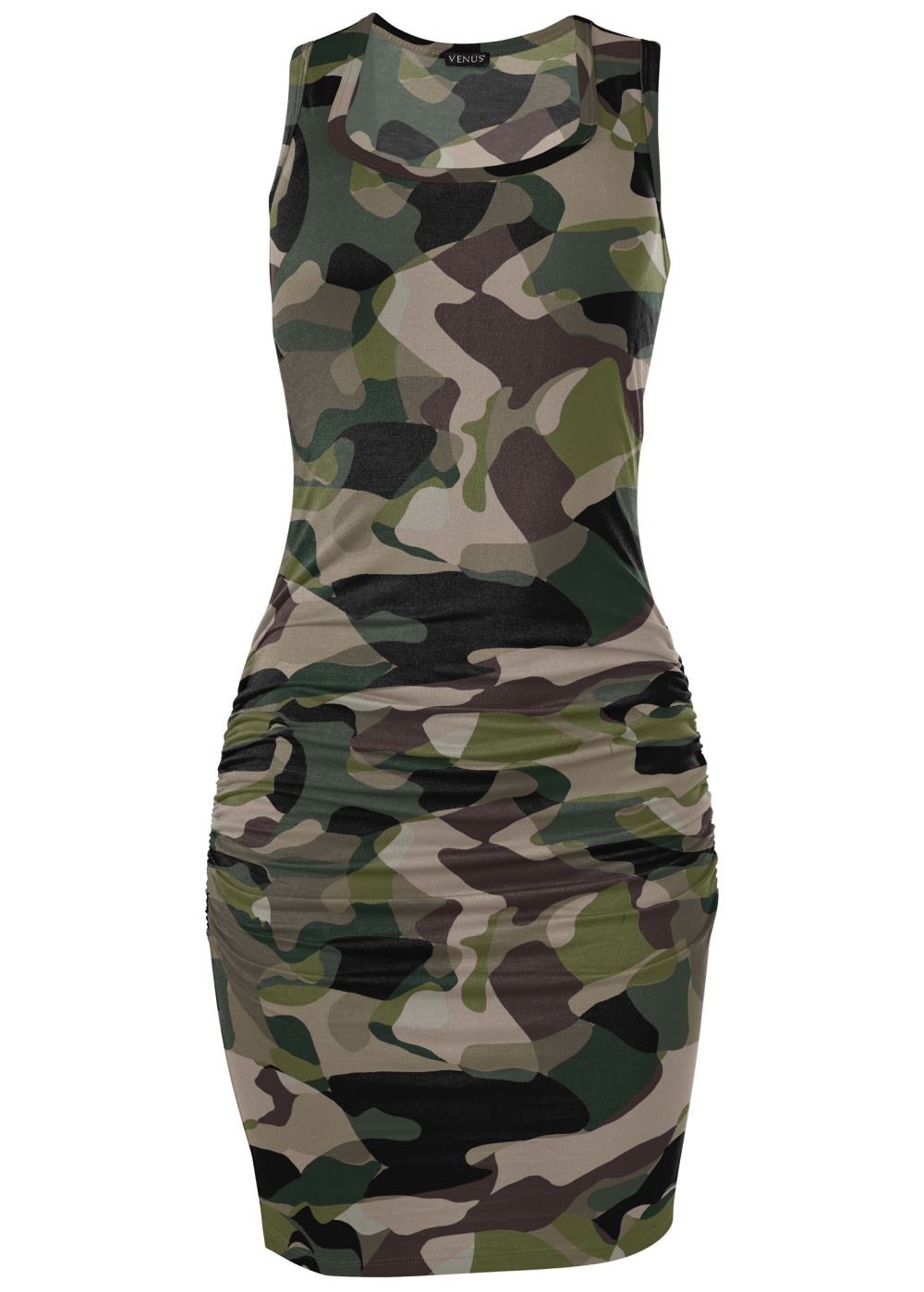 Venus Olive Multi Sleeveless Ruched Bodycon Midi Dress