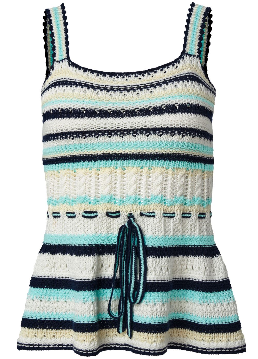 Venus Plus Size Striped Crochet Peplum Tie Sweater in White Multi