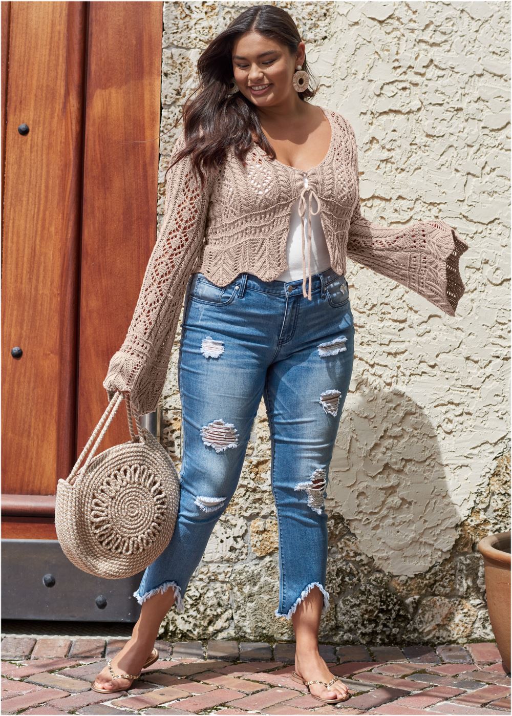 Venus Plus Size Tie-Front Cropped Cardigan in Taupe