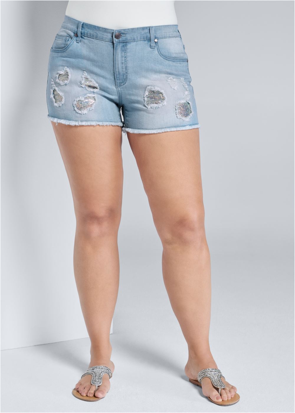 Venus Plus Size Sequin Patch Jean Shorts - Light Wash
