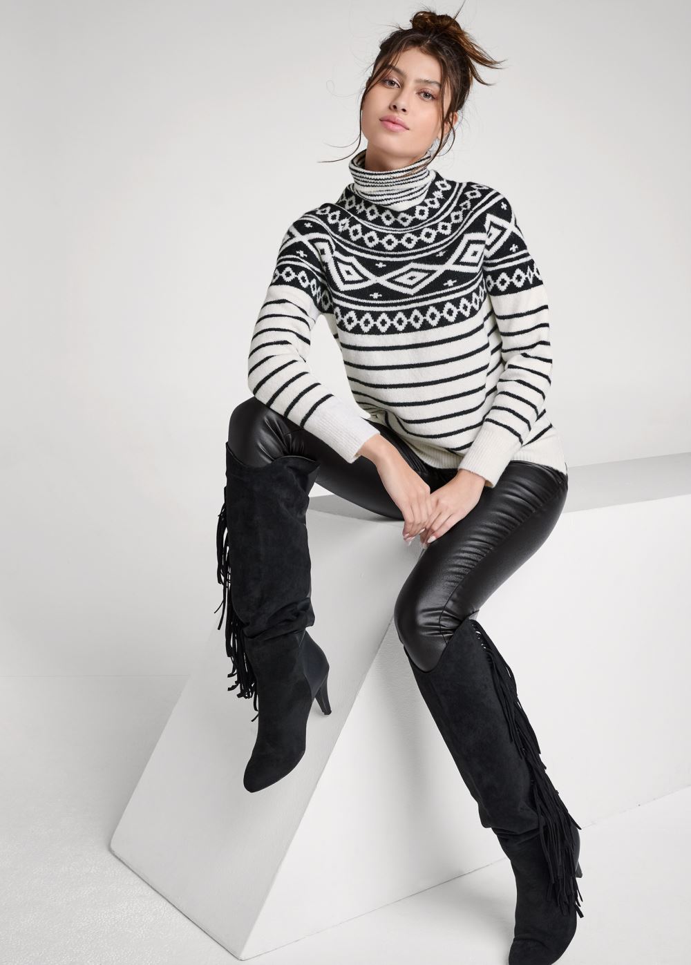 Venus Plus Size Fair Isle Turtleneck Sweater in White & Black