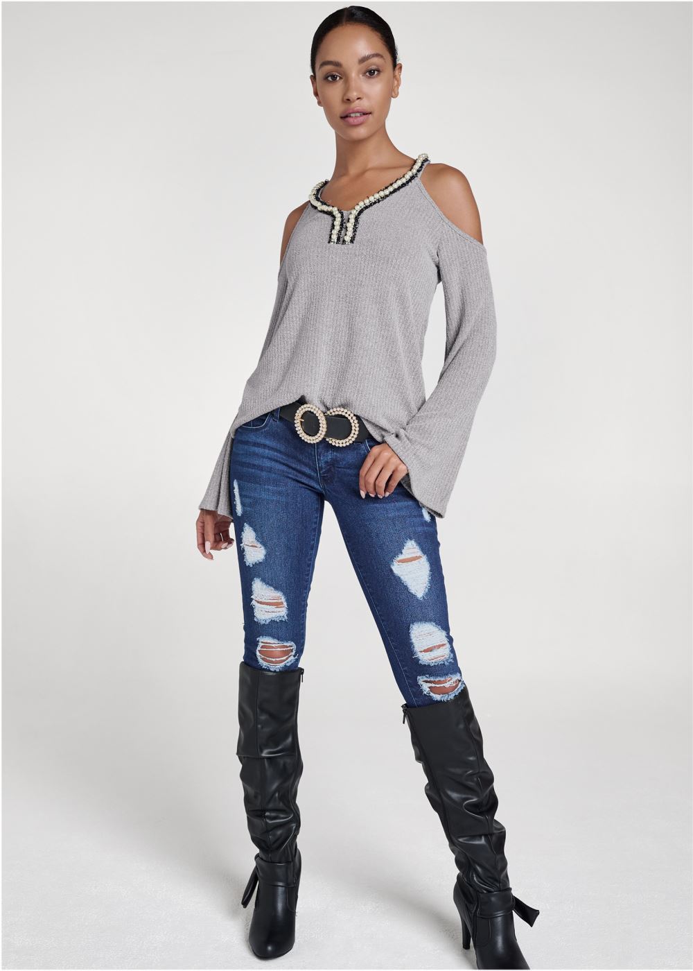 Venus Plus Size Pearl Trim Bell Sleeve Top