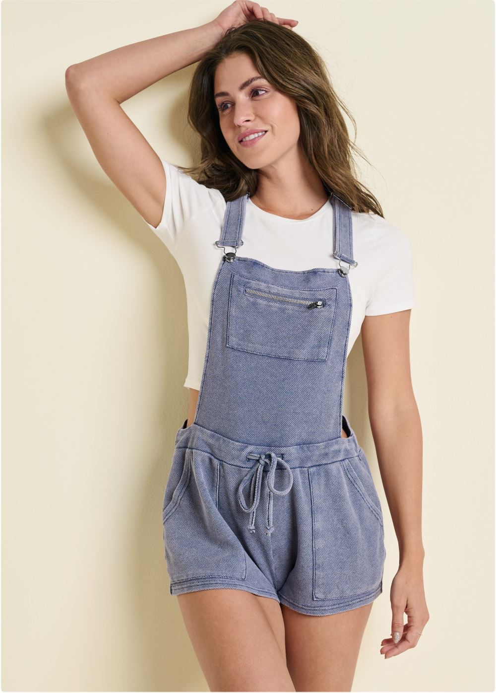 Venus Plus Size Washed Textured Overalls in Dark Blue