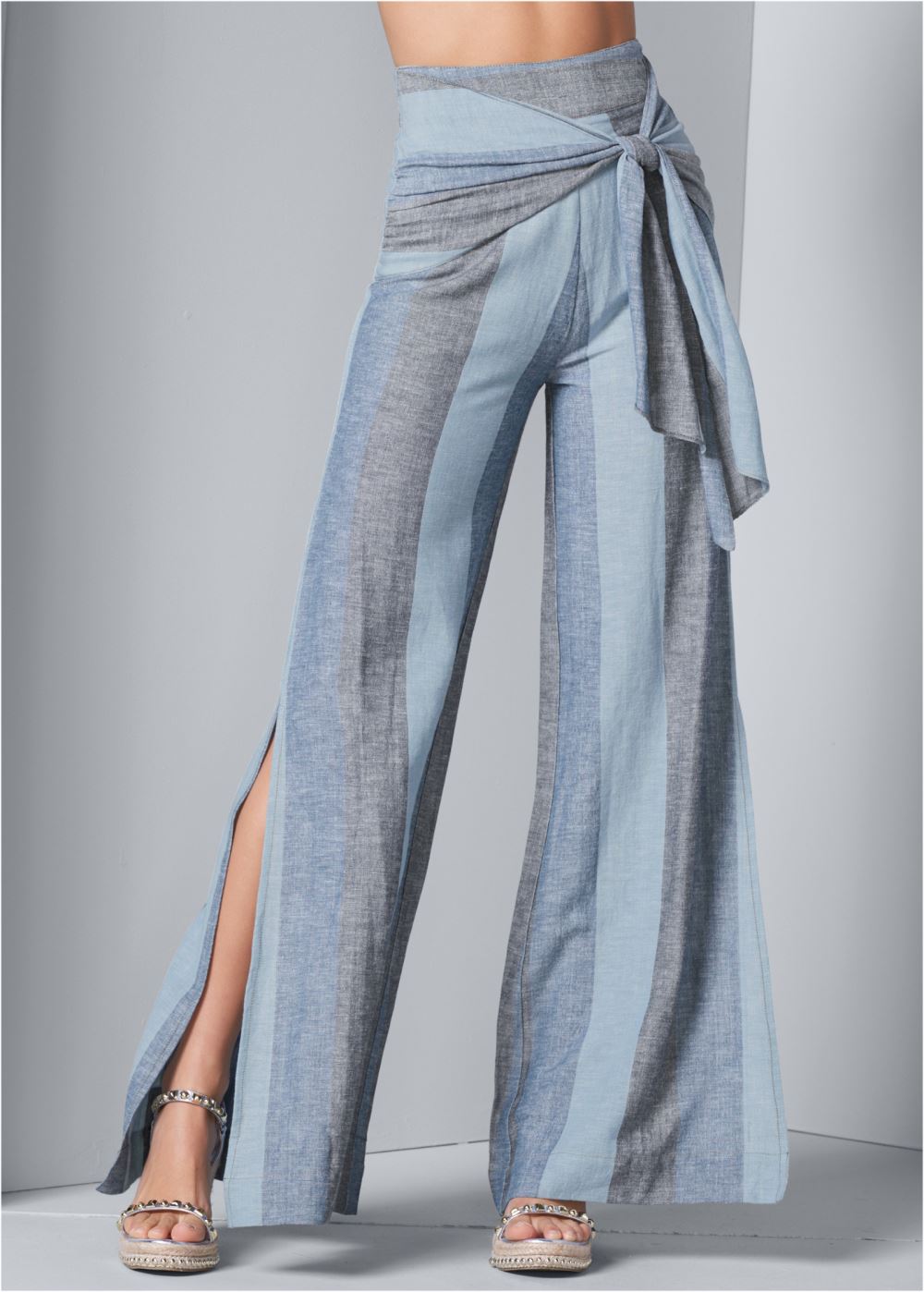 Venus Plus Size Tie-Front Linen Pants in Blue Multi