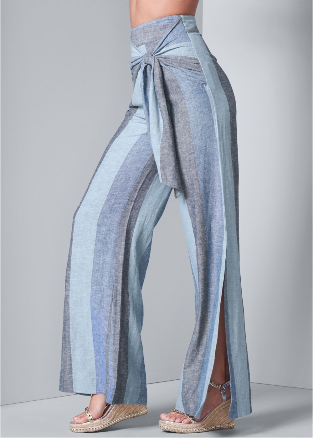 Venus Plus Size Tie-Front Linen Pants in Blue Multi