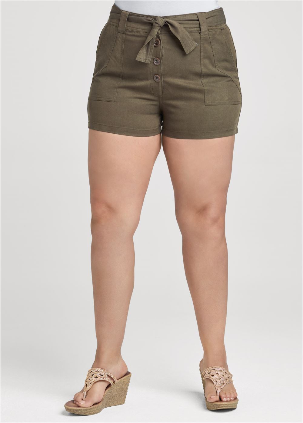 Venus Plus Size Belted Utility Shorts - Olive