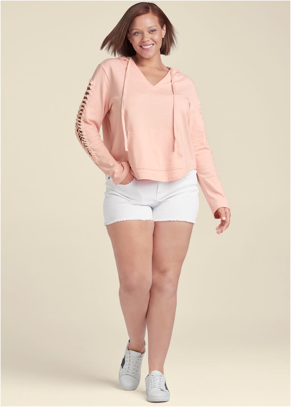 Venus Plus Size Pearl Cutout Sleeve Hoodie
