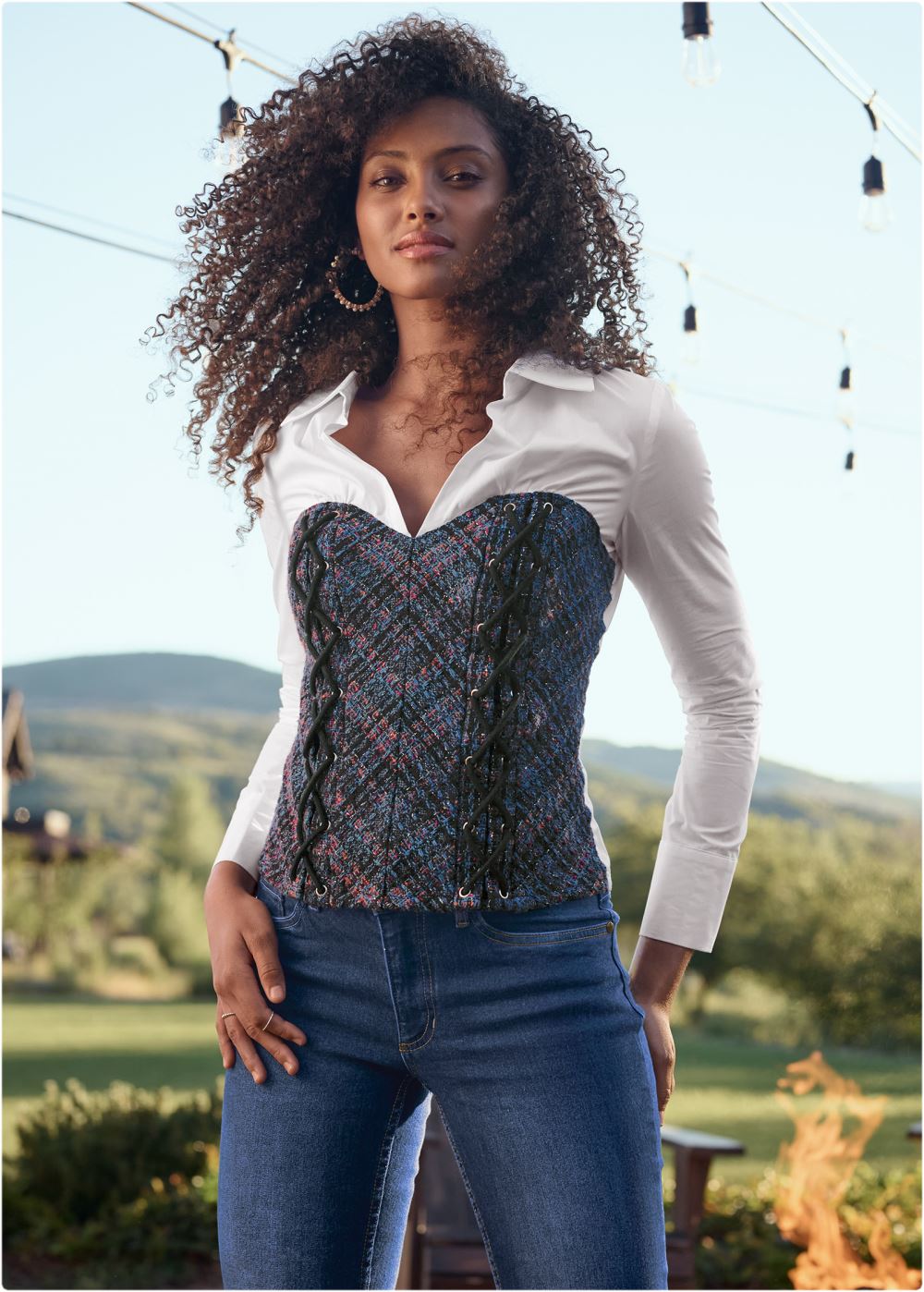 Venus Navy Multi LAYERED TWEED BUSTIER TOP