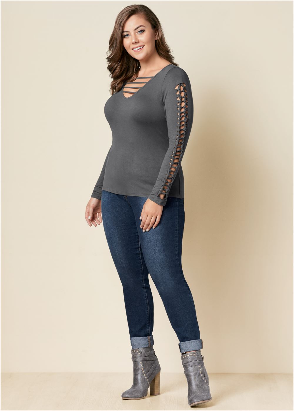 Venus Dark Grey Cut out sleeve detail top