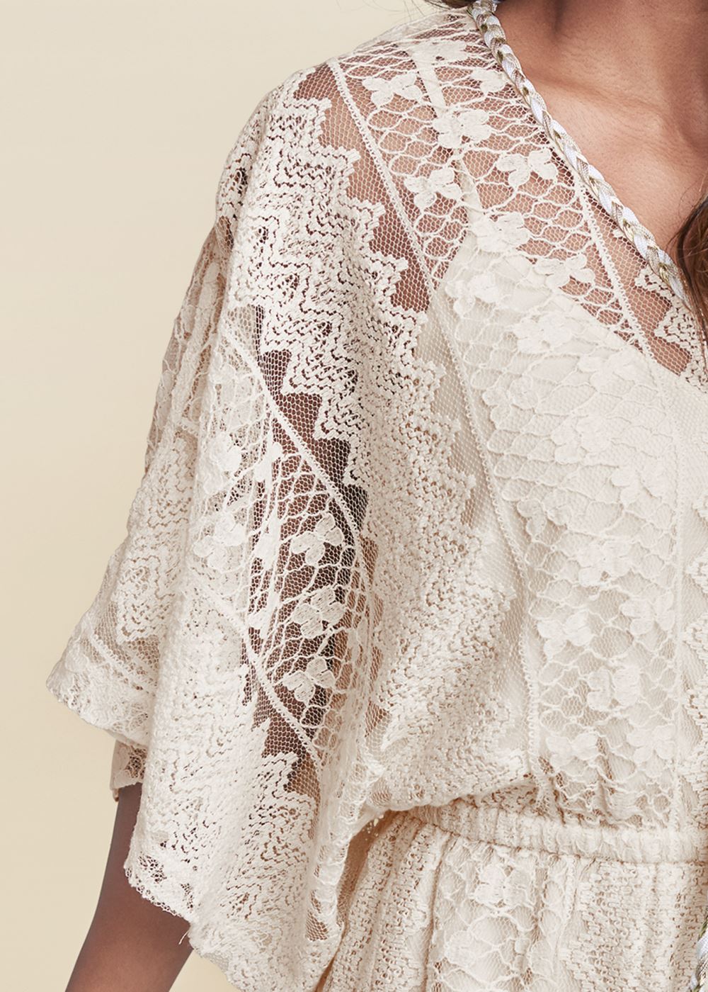 Venus Plus Size Crochet Romper in Beige