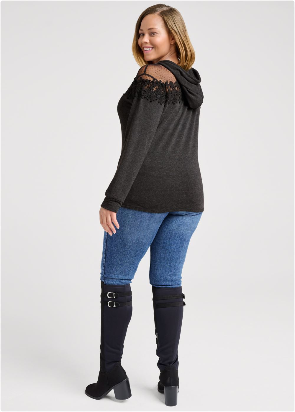 Venus Plus Size Mesh And Lace Sweatshirt in Black