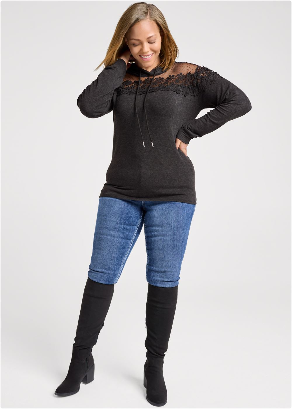 Venus Plus Size Mesh And Lace Sweatshirt in Black