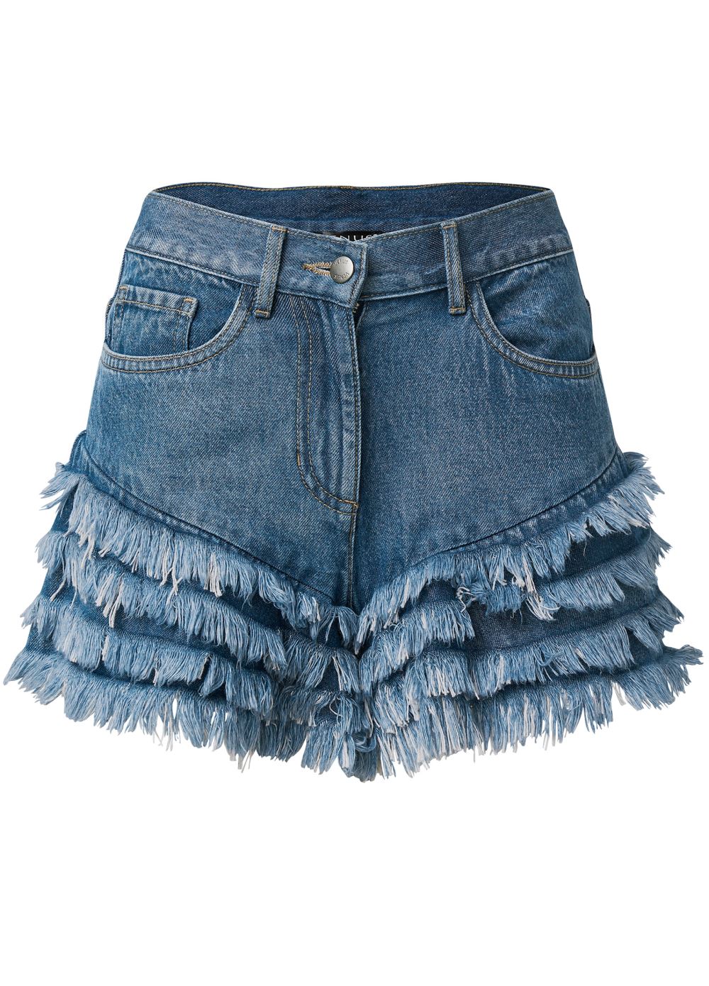Venus Medium Wash FRAYED RUFFLE JEAN SHORTS