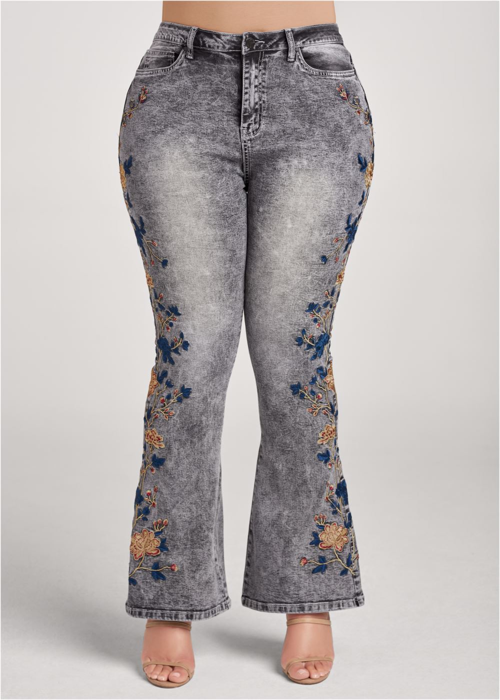 Venus Plus Size Floral Embroidered Jeans in Black Acid Wash