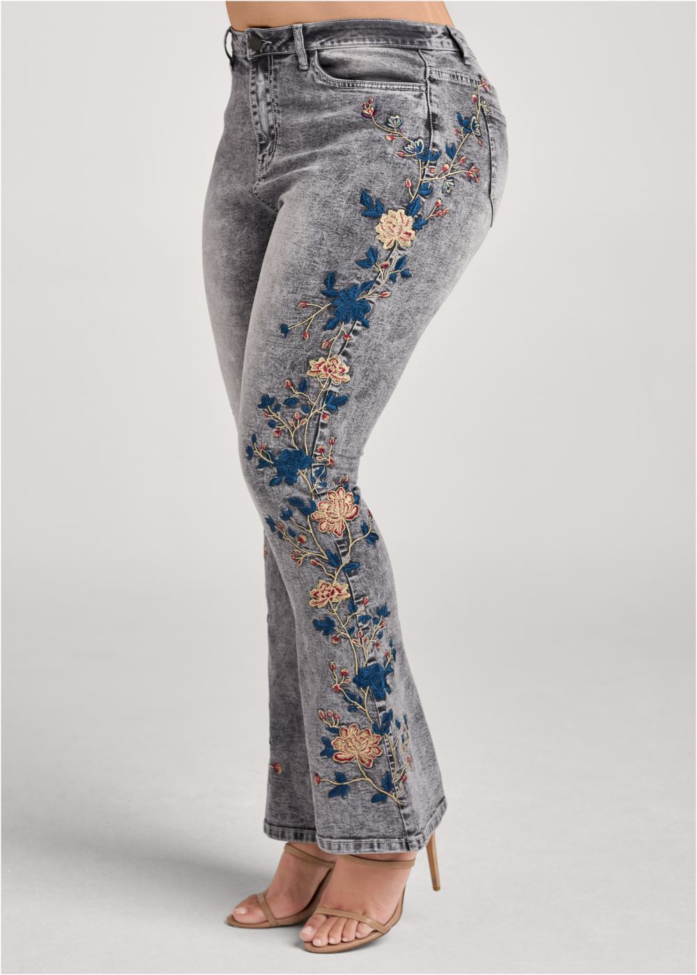 Venus Plus Size Floral Embroidered Jeans in Black Acid Wash