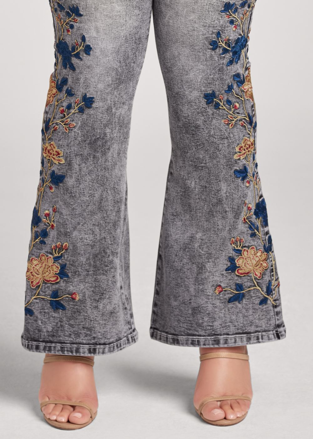 Venus Plus Size Floral Embroidered Jeans in Black Acid Wash