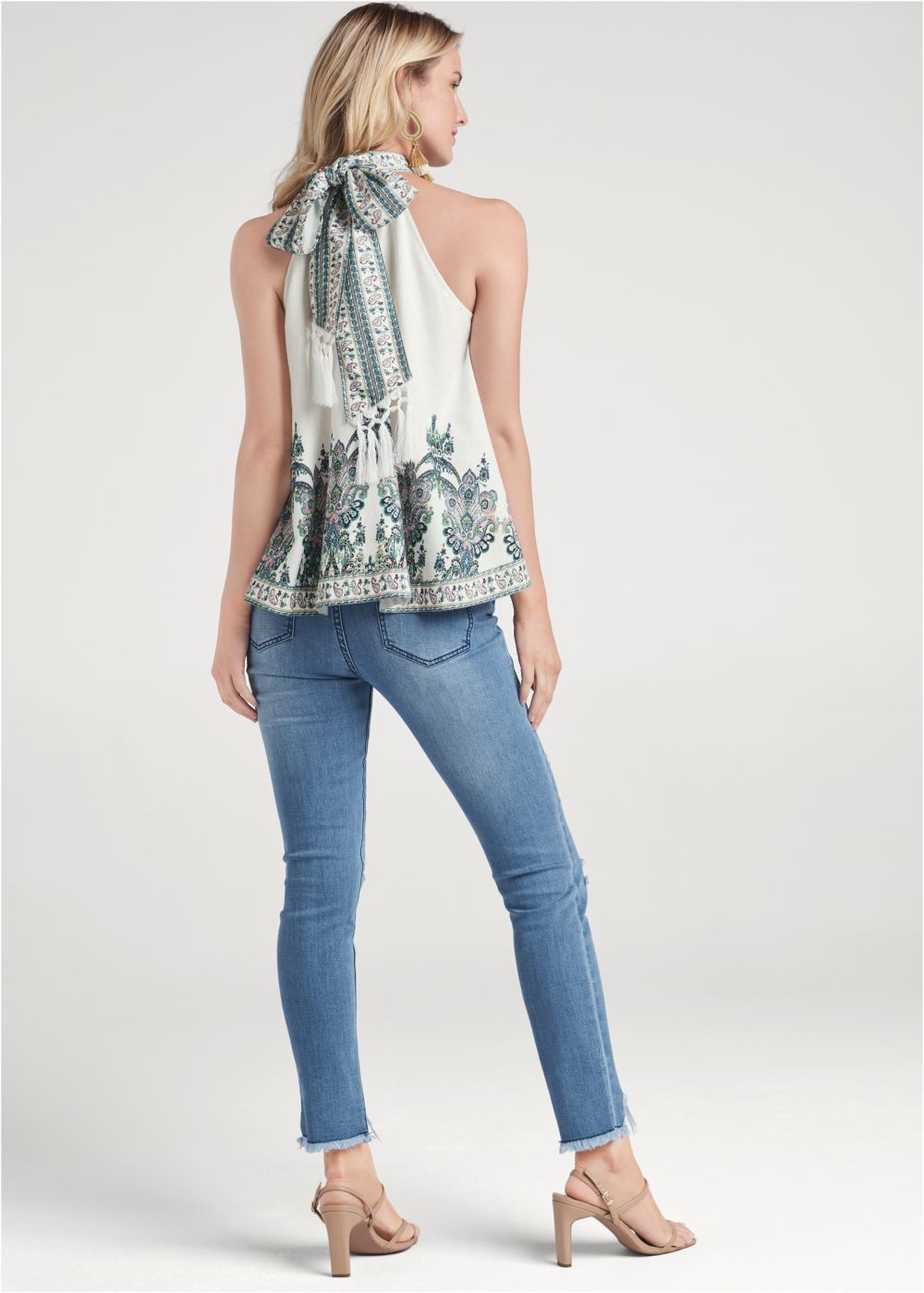 Venus Plus Size Linen Paisley Mock-Neck Top