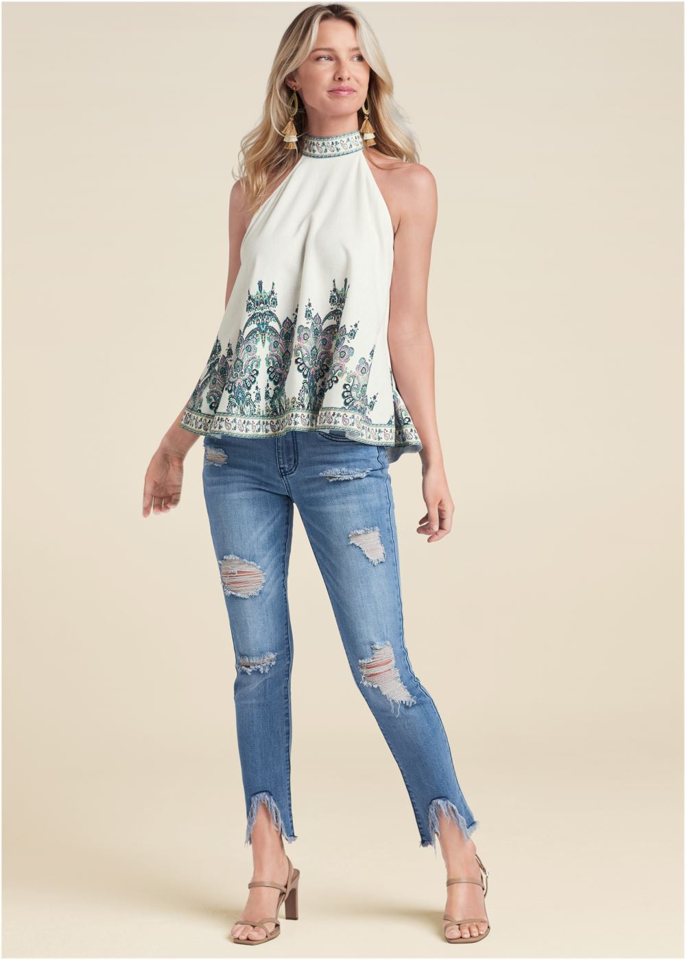 Venus Plus Size Linen Paisley Mock-Neck Top