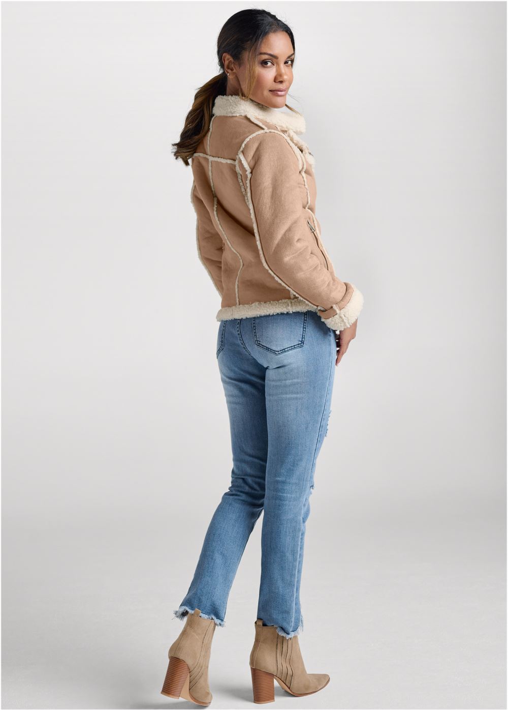Venus Faux-Suede/Sherpa Moto Coat in Beige Multi