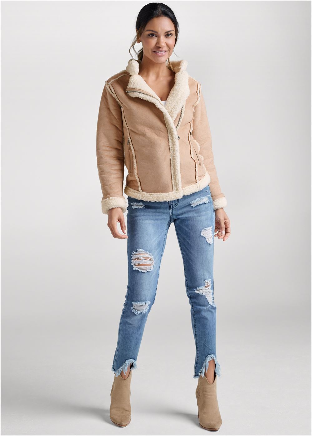 Venus Faux-Suede/Sherpa Moto Coat in Beige Multi
