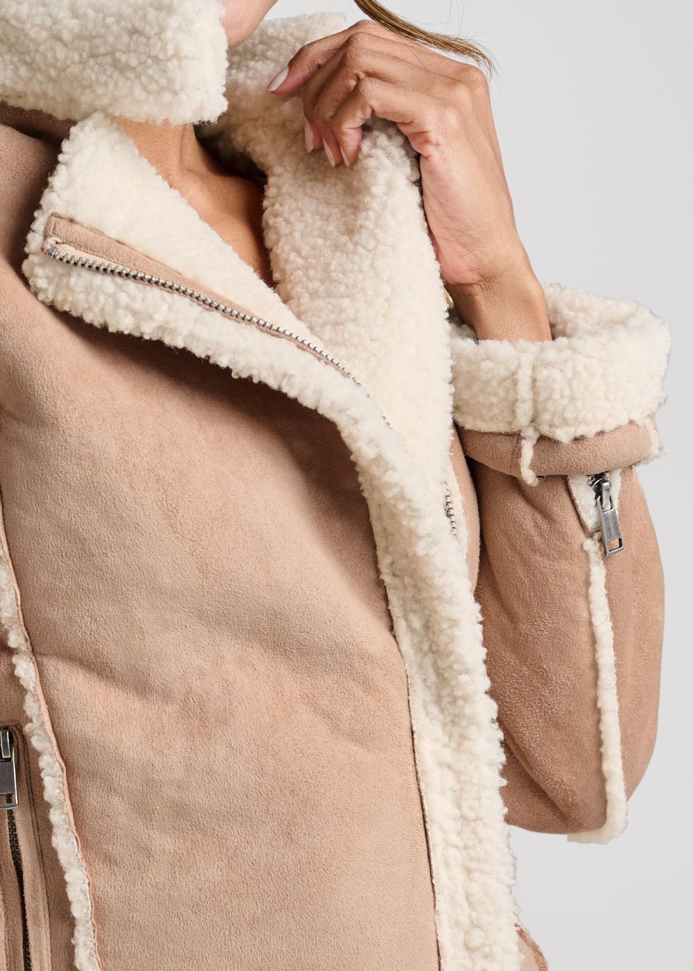 Venus Faux-Suede/Sherpa Moto Coat in Beige Multi