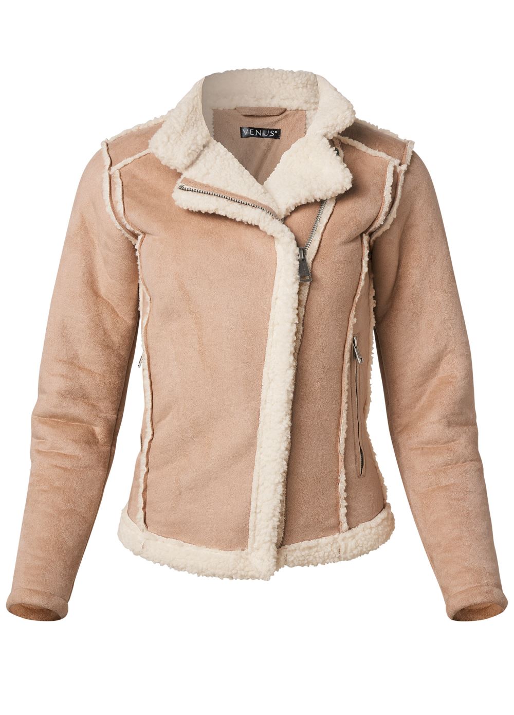 Venus Faux-Suede/Sherpa Moto Coat in Beige Multi