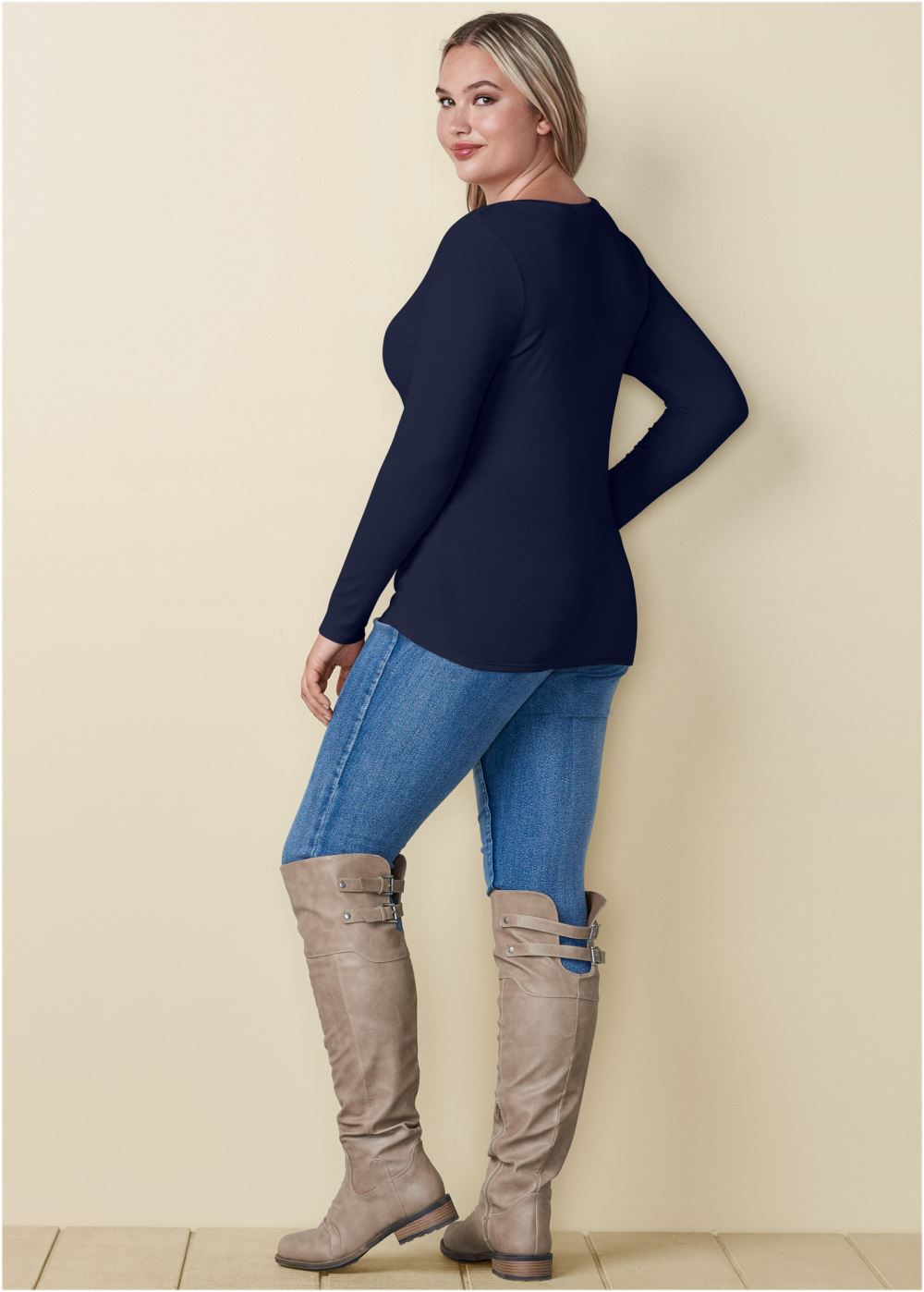 Venus Navy RIBBED V-NECK TOP