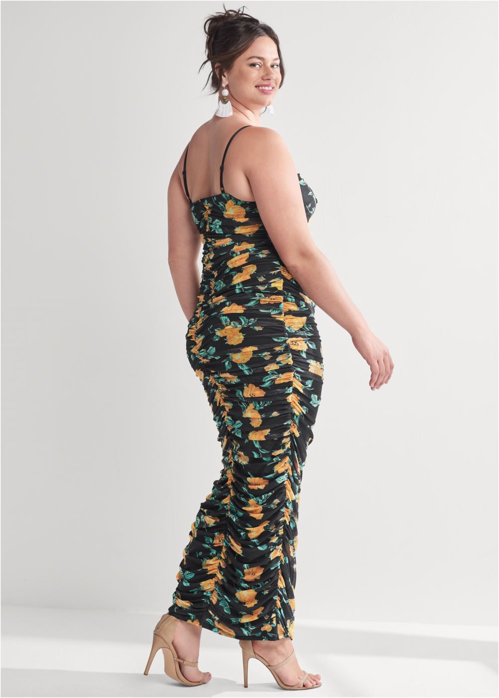 Venus Black Multi FLORAL RUCHED BODYCON DRESS