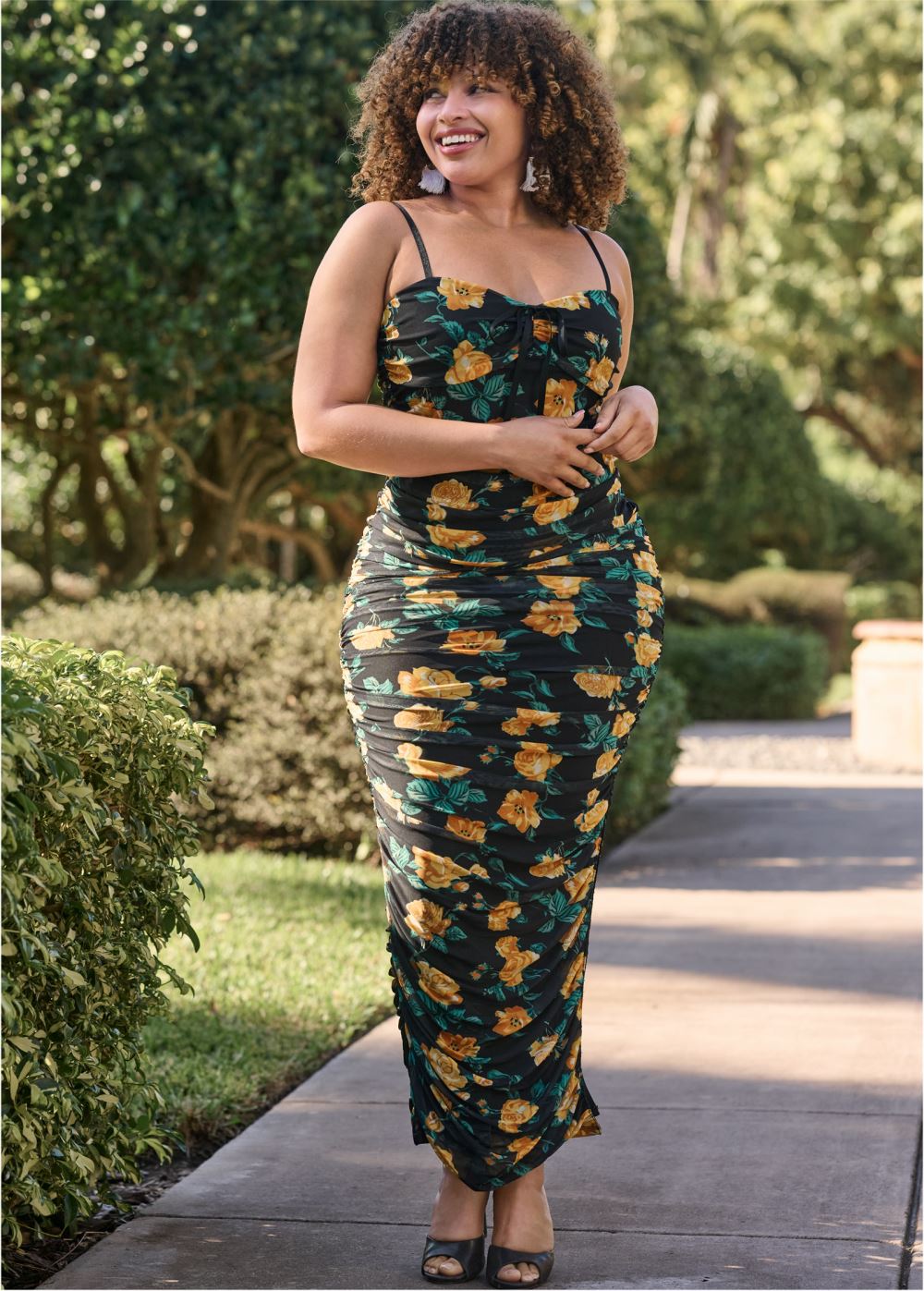 Venus Black Multi FLORAL RUCHED BODYCON DRESS