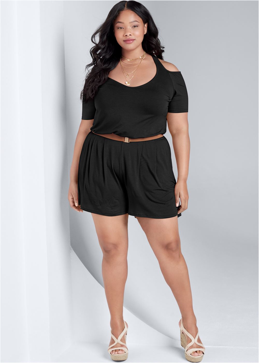 Venus Black Cold-shoulder romper