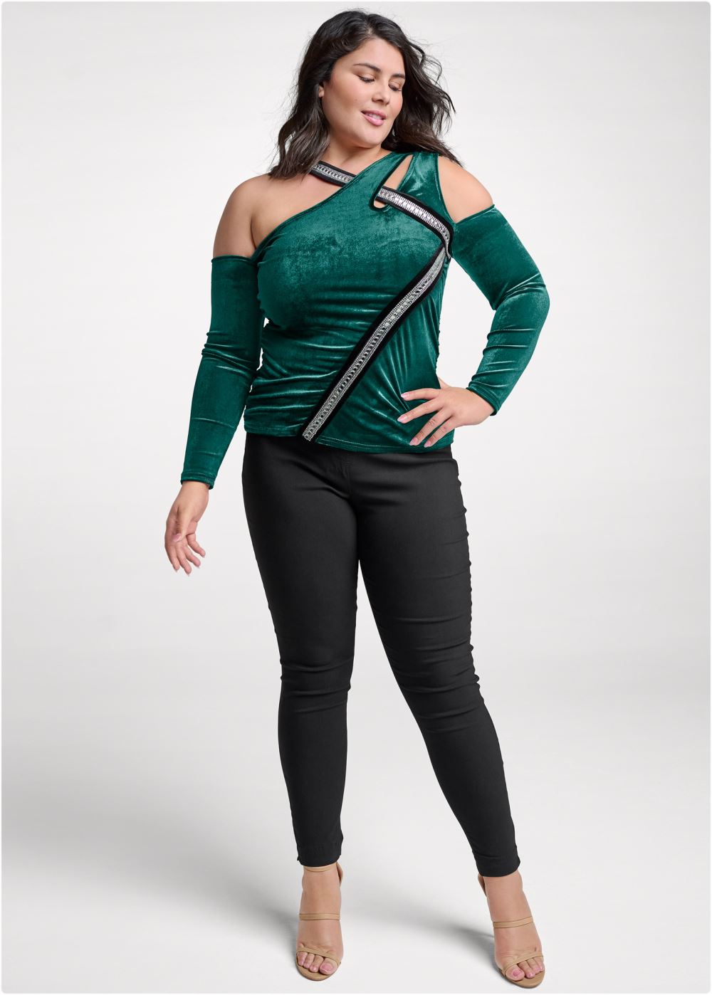 Venus Plus Size Embellished Velvet Long Sleeve Top