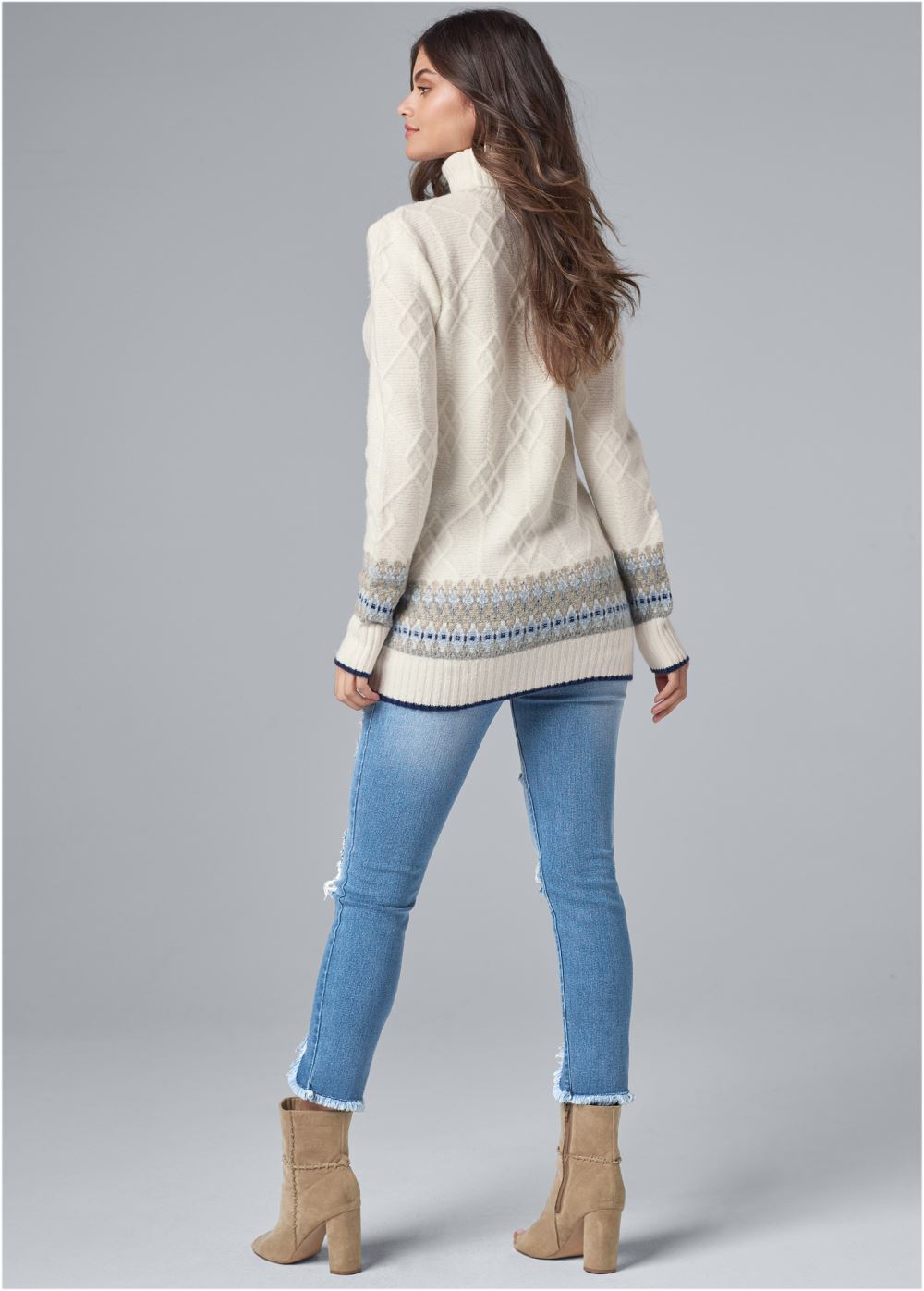 Venus Plus Size Fair Isle Turtleneck Sweater in White & Blue