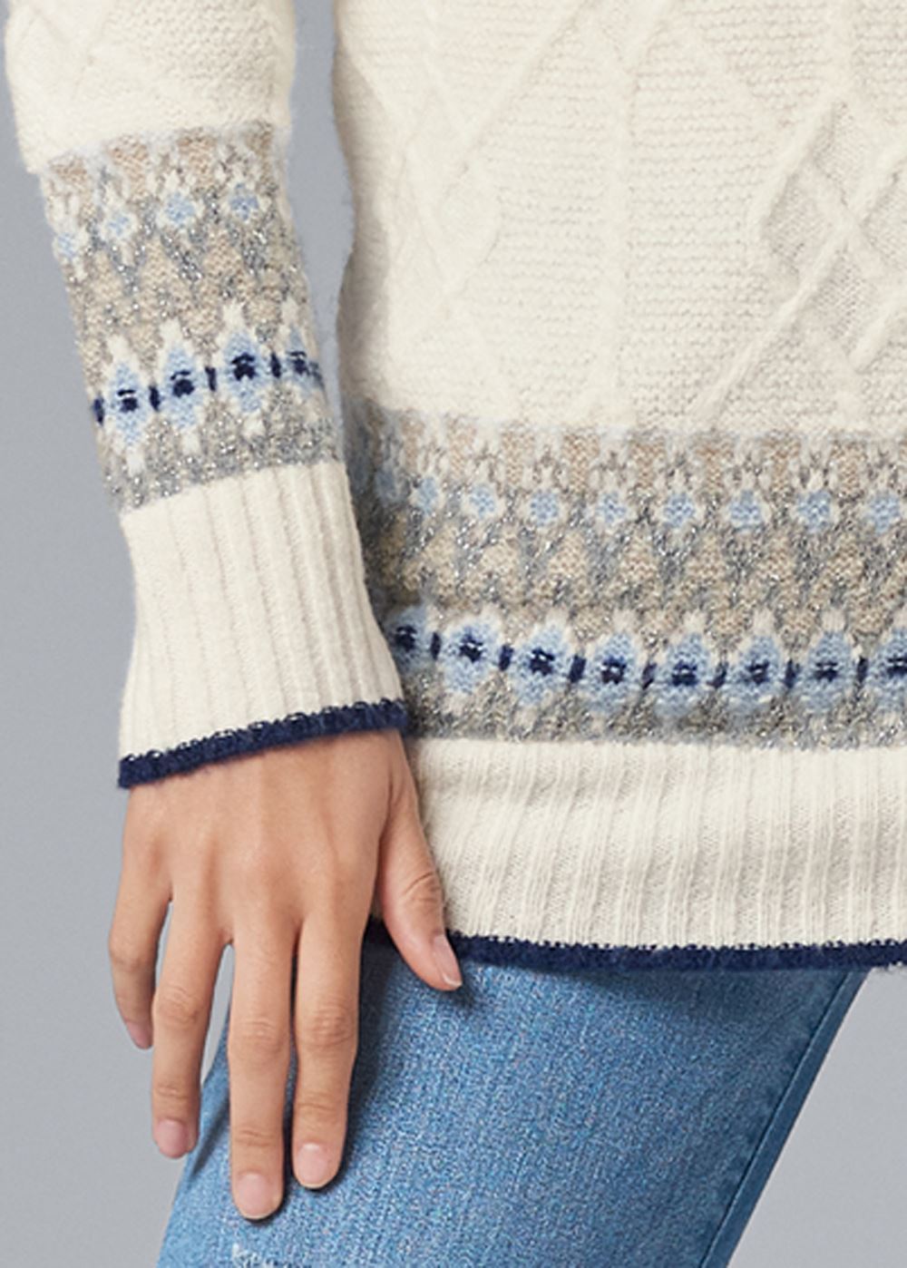 Venus Plus Size Fair Isle Turtleneck Sweater in White & Blue