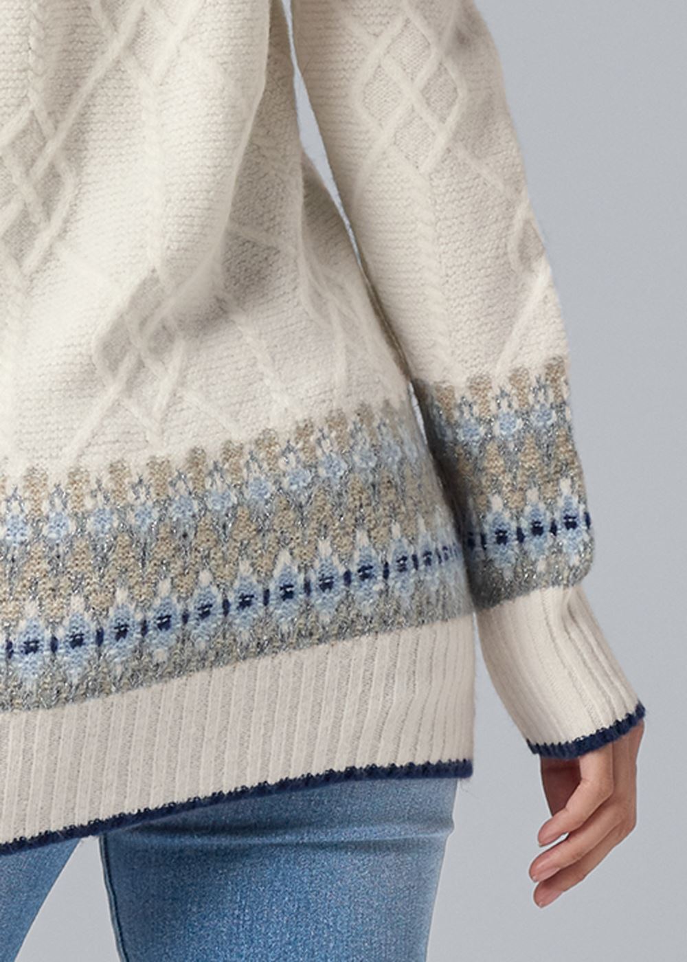 Venus Plus Size Fair Isle Turtleneck Sweater in White & Blue
