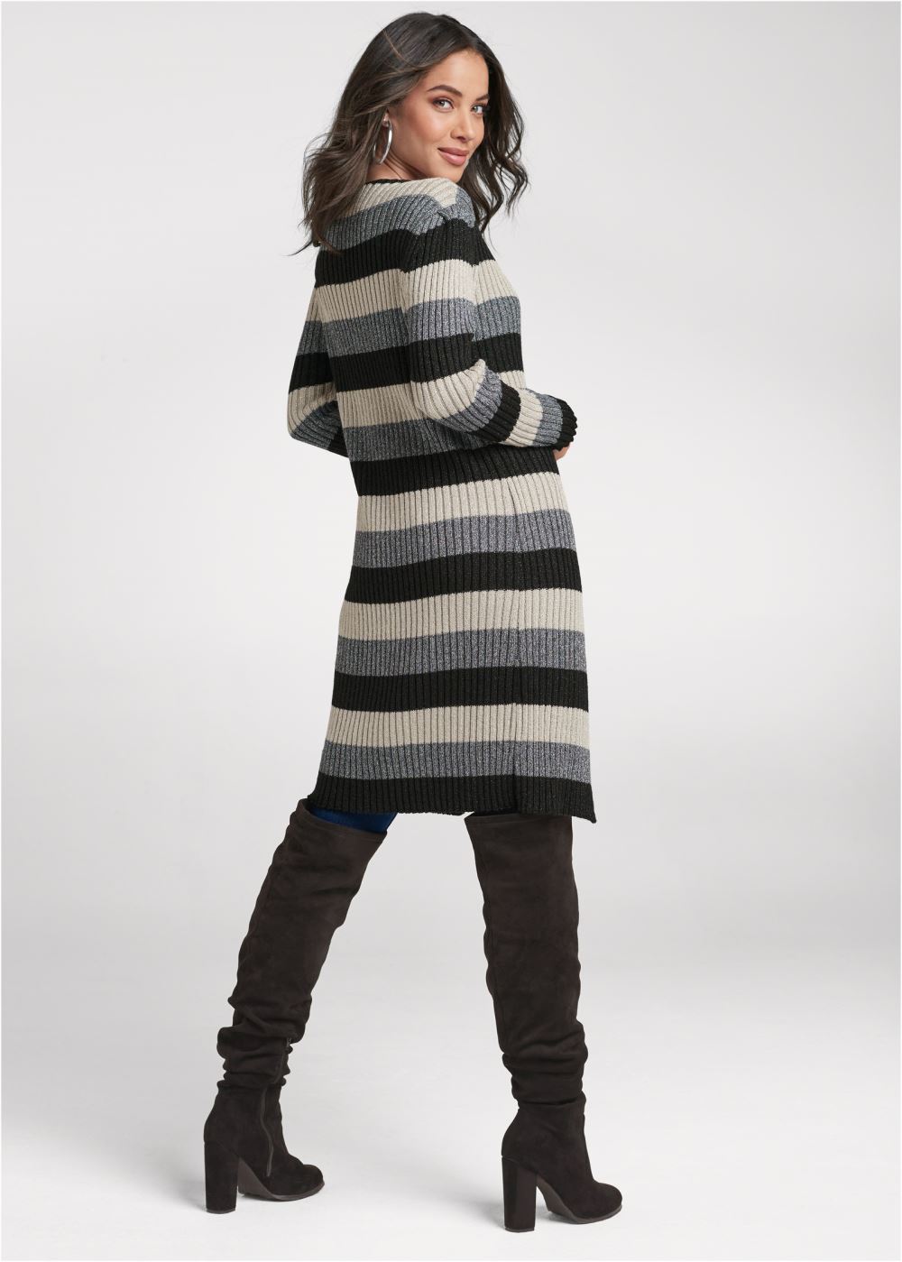 Venus Plus Size Striped Ribbed Cardigan in Black Multi