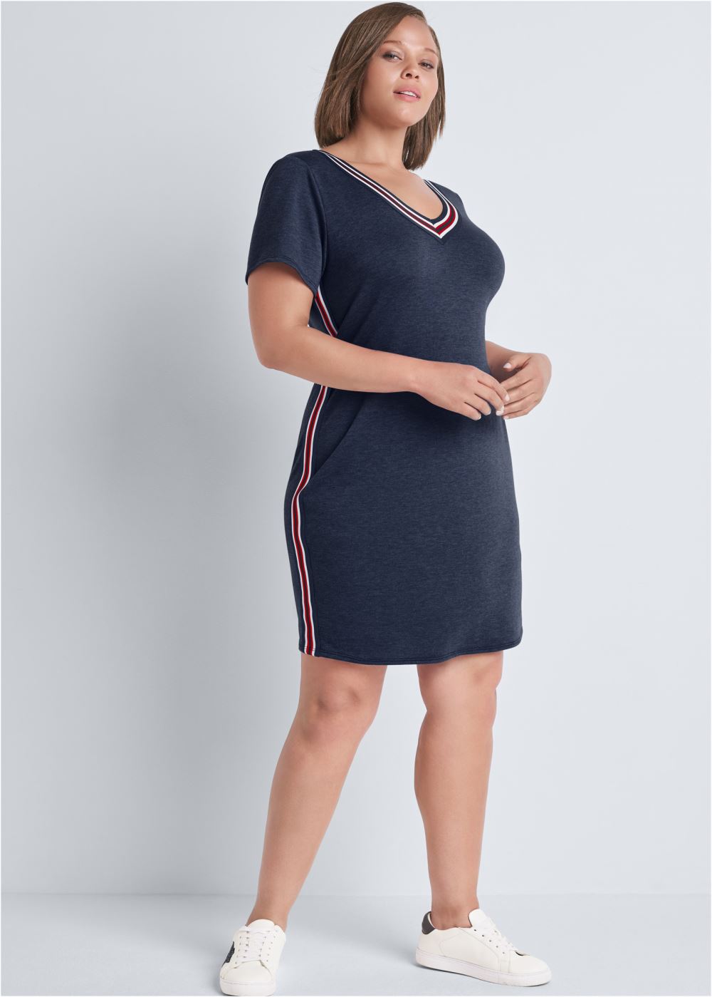 Venus Plus Size Striped Trim Lounge Dress in Navy