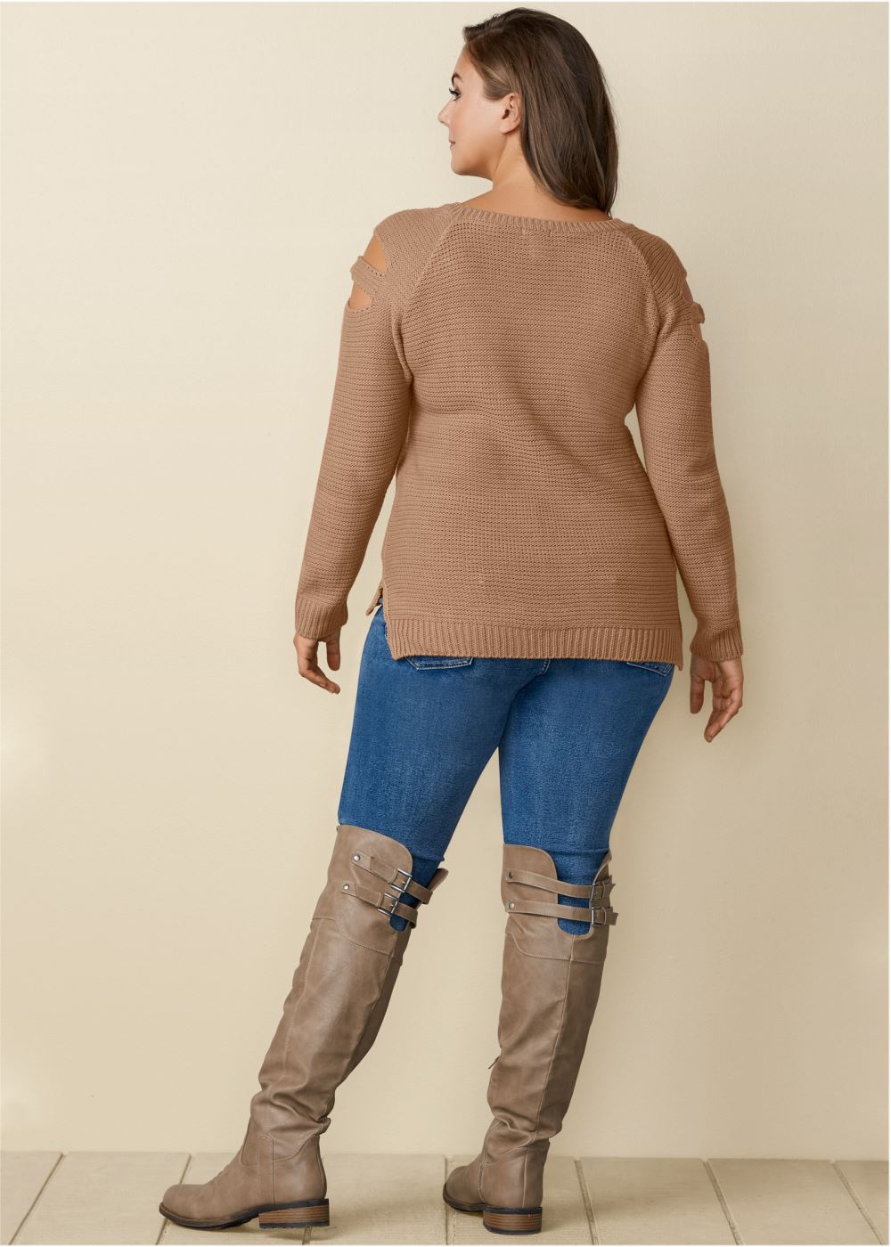 Venus Plus Size Cutout Sleeve Sweater in Light Brown