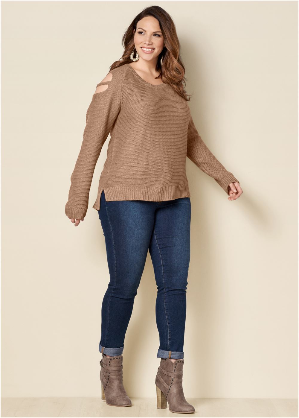 Venus Plus Size Cutout Sleeve Sweater in Light Brown