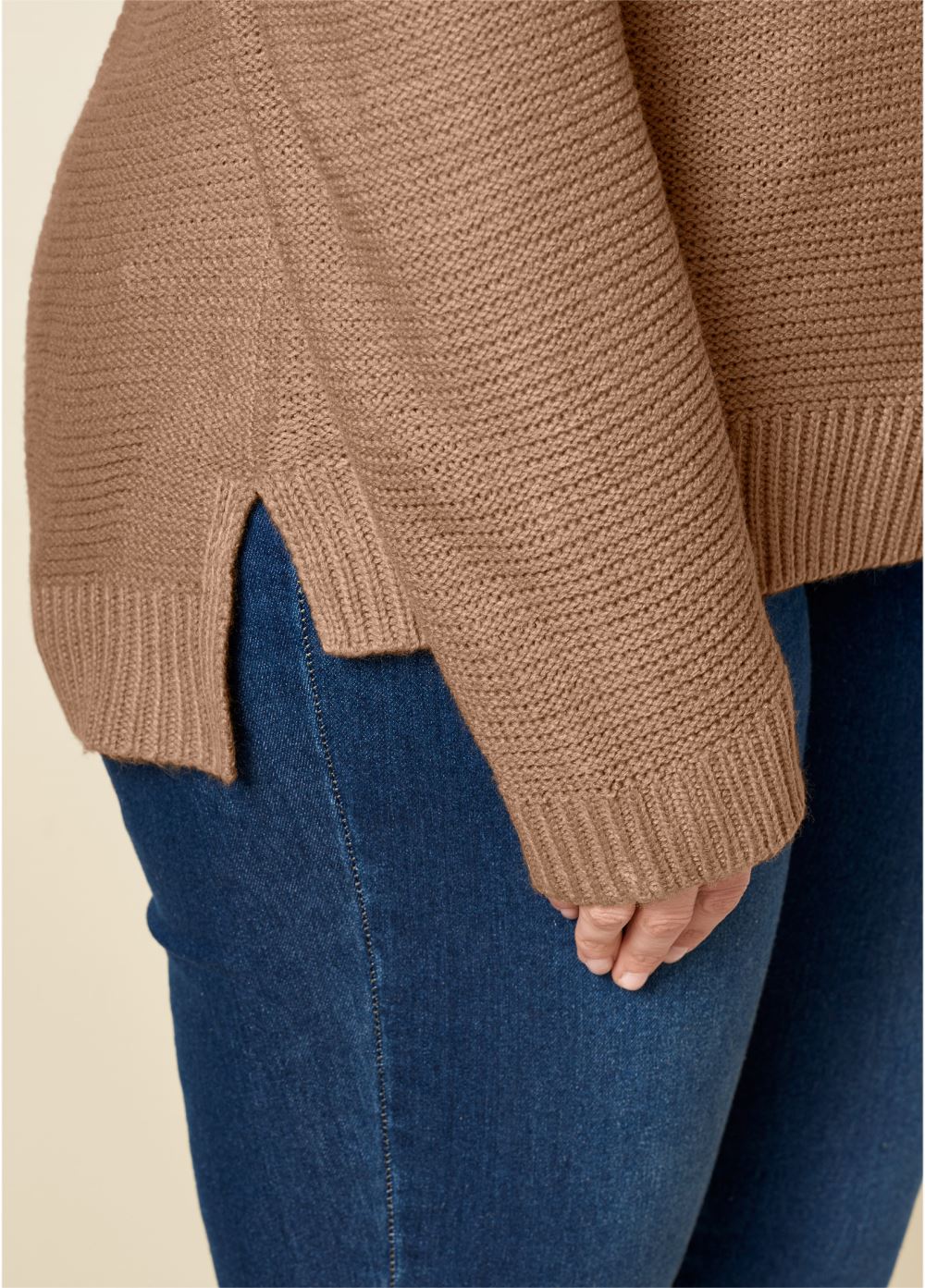 Venus Plus Size Cutout Sleeve Sweater in Light Brown