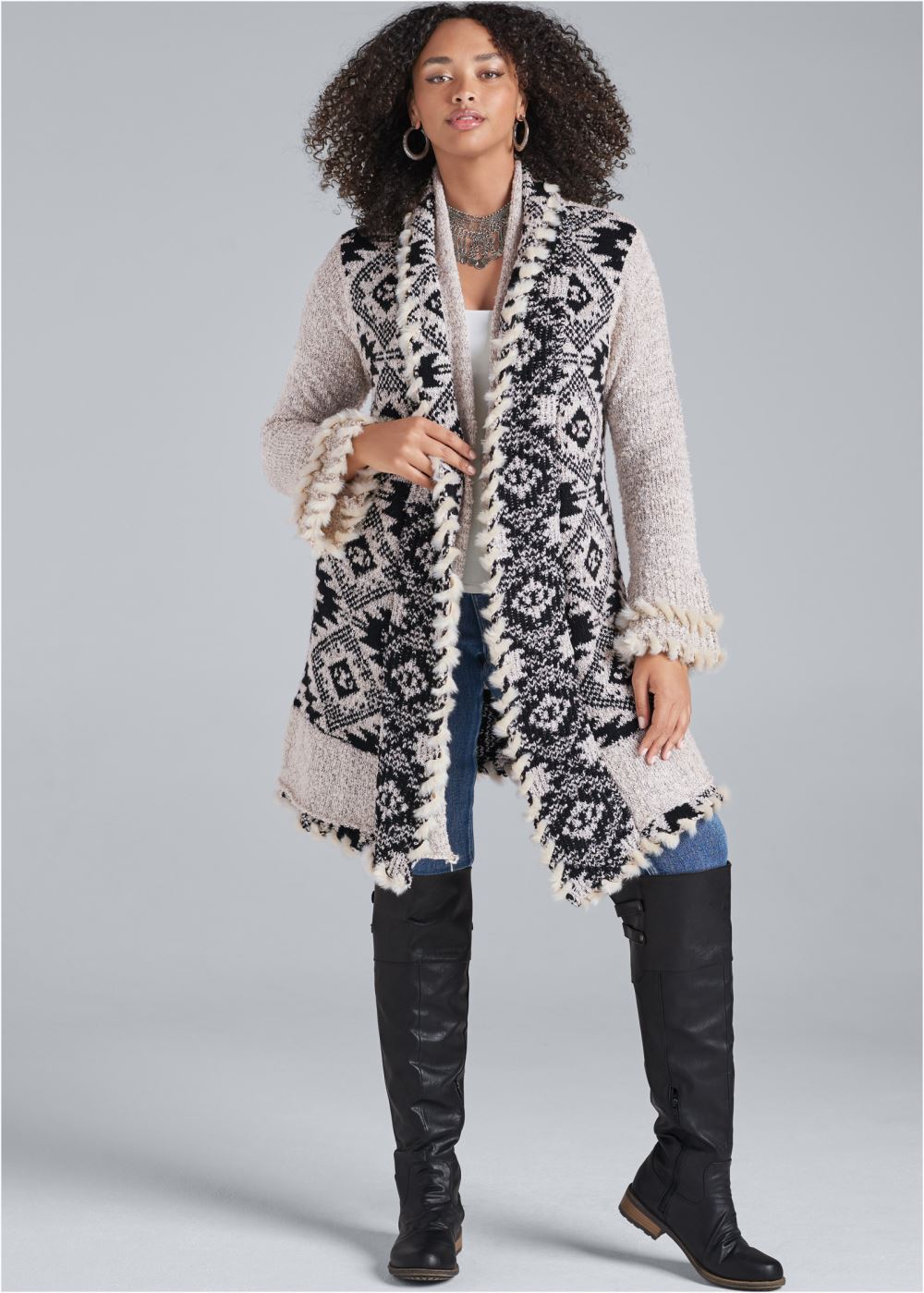 Venus Plus Size Mixed Print Duster in Cream & Black