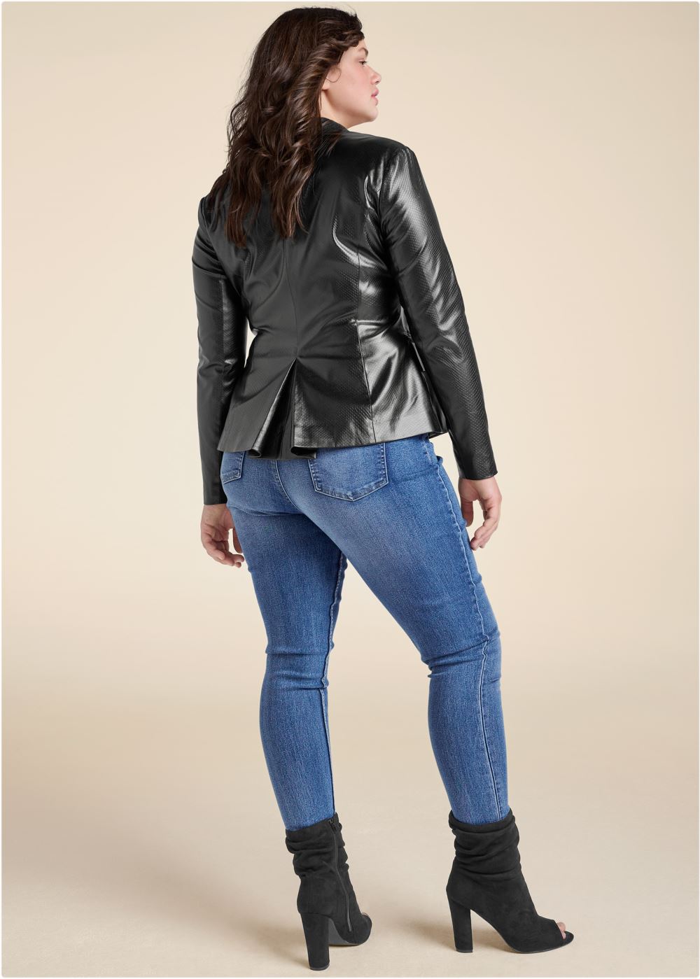 Venus Snake Embossed Faux Leather Embellished Blazer in Black