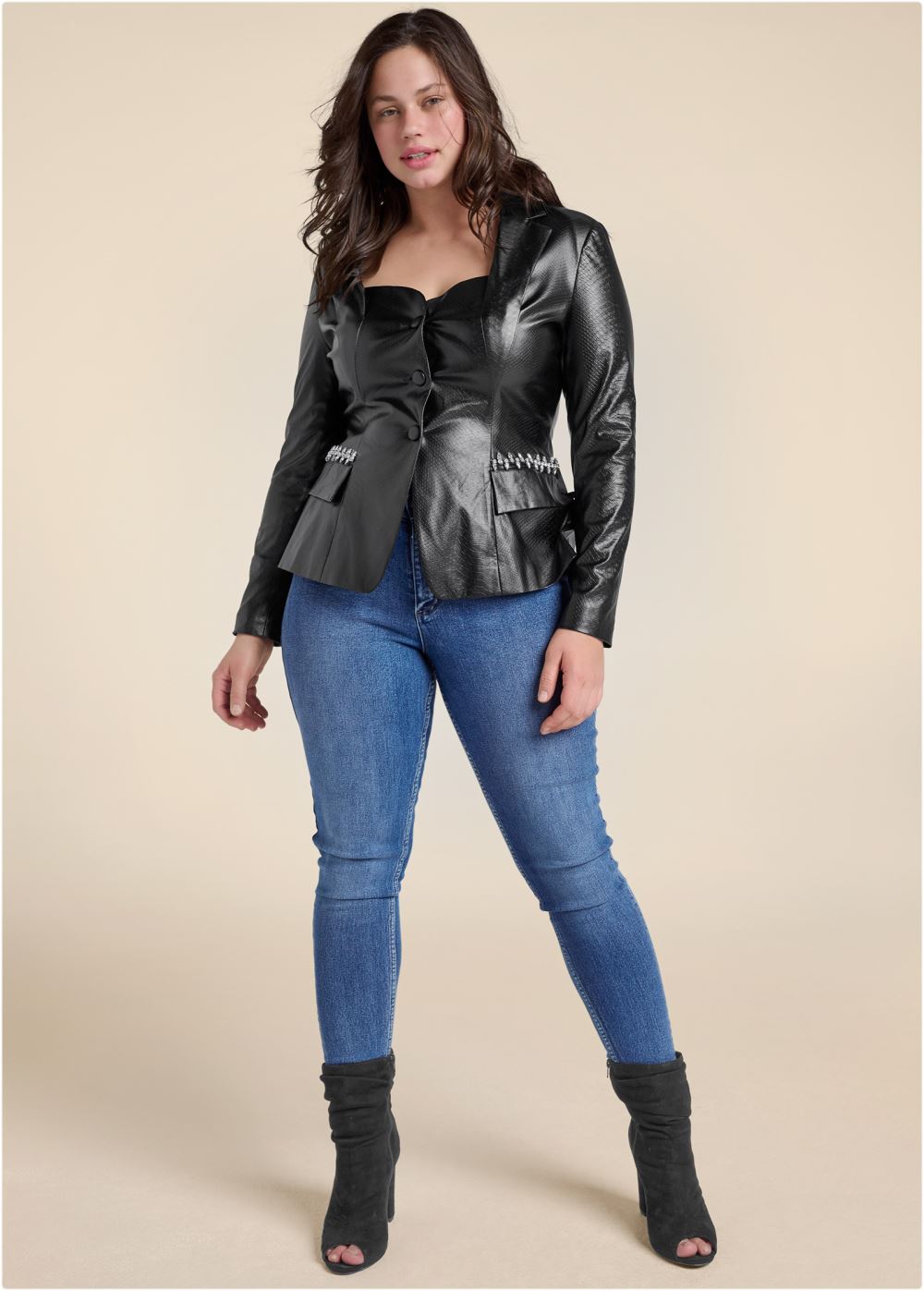 Venus Snake Embossed Faux Leather Embellished Blazer in Black