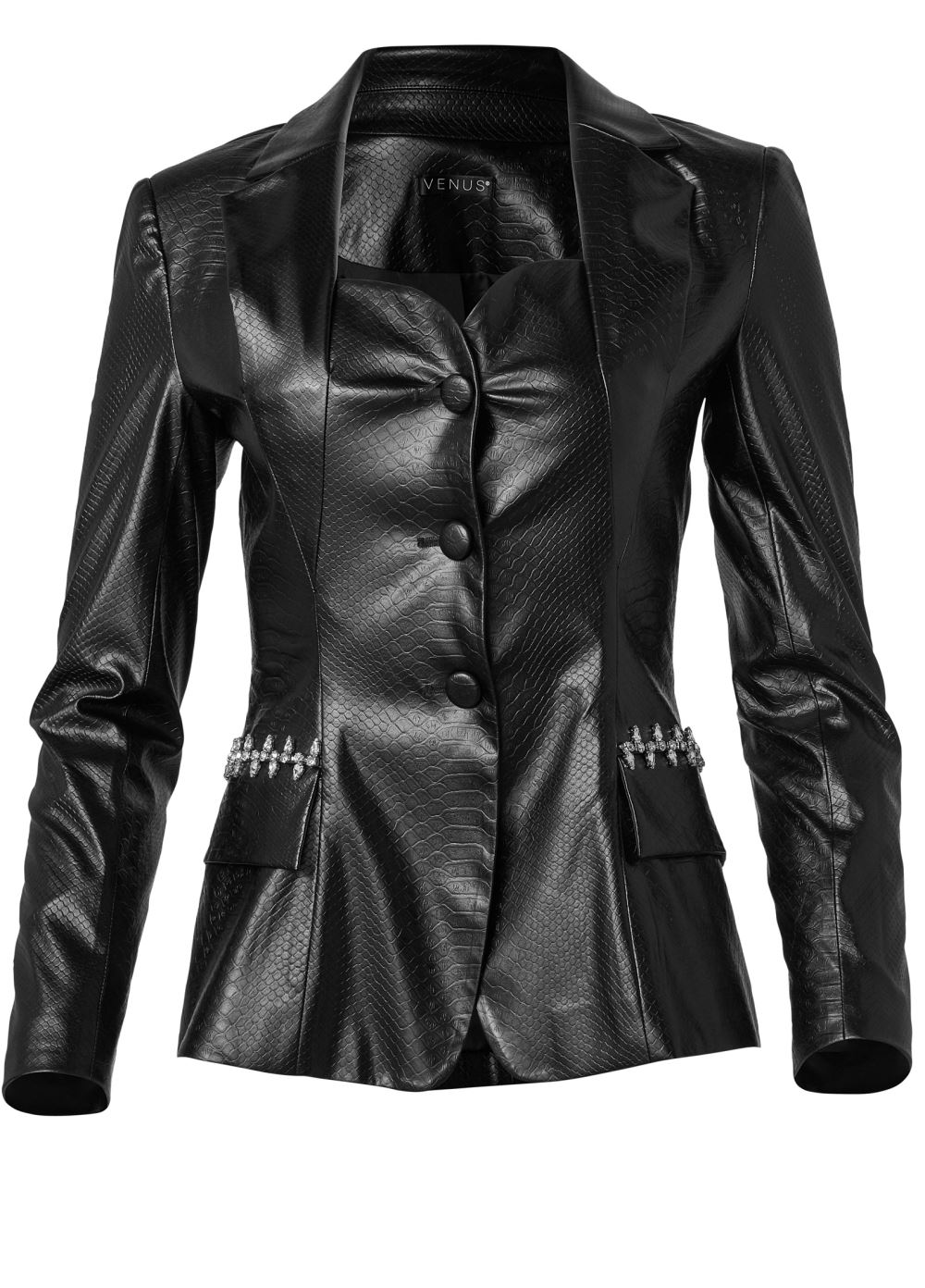 Venus Snake Embossed Faux Leather Embellished Blazer in Black