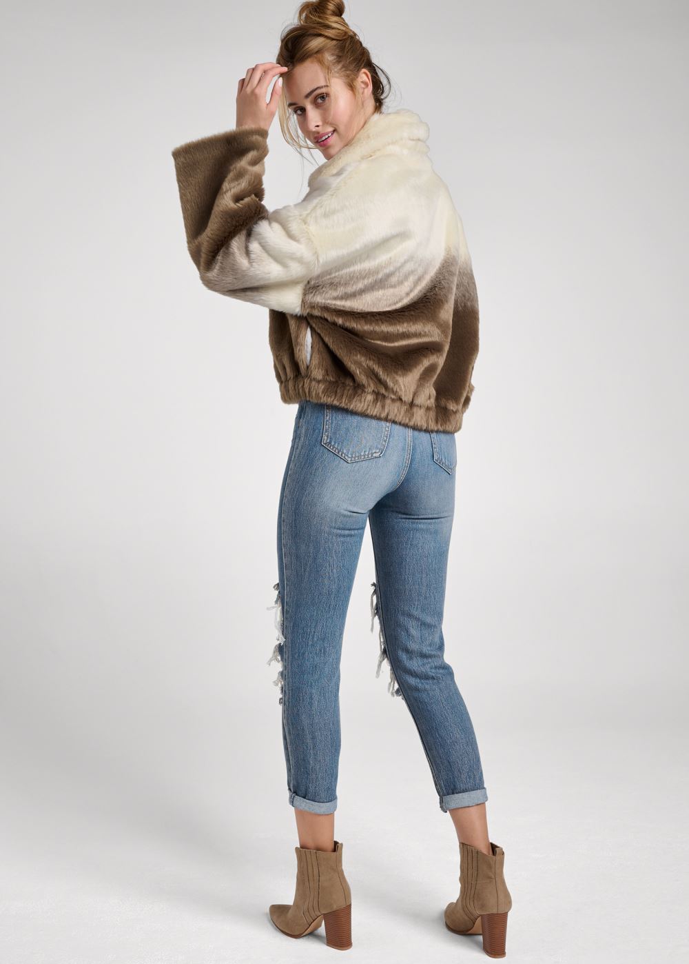 Venus Faux-Fur Bomber Jacket in Cream Multi