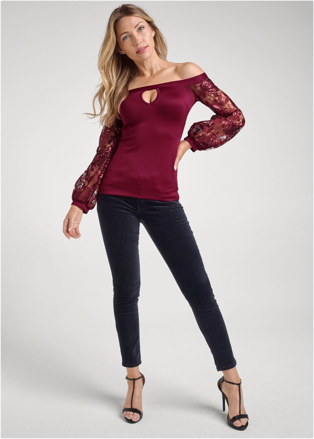 Venus Plus Size Embellished Lace Sleeve Top