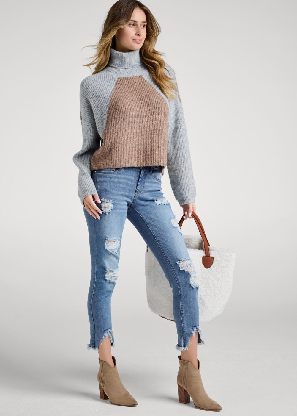 Venus Plus Size Colorblock Turtleneck Sweater in Grey Multi