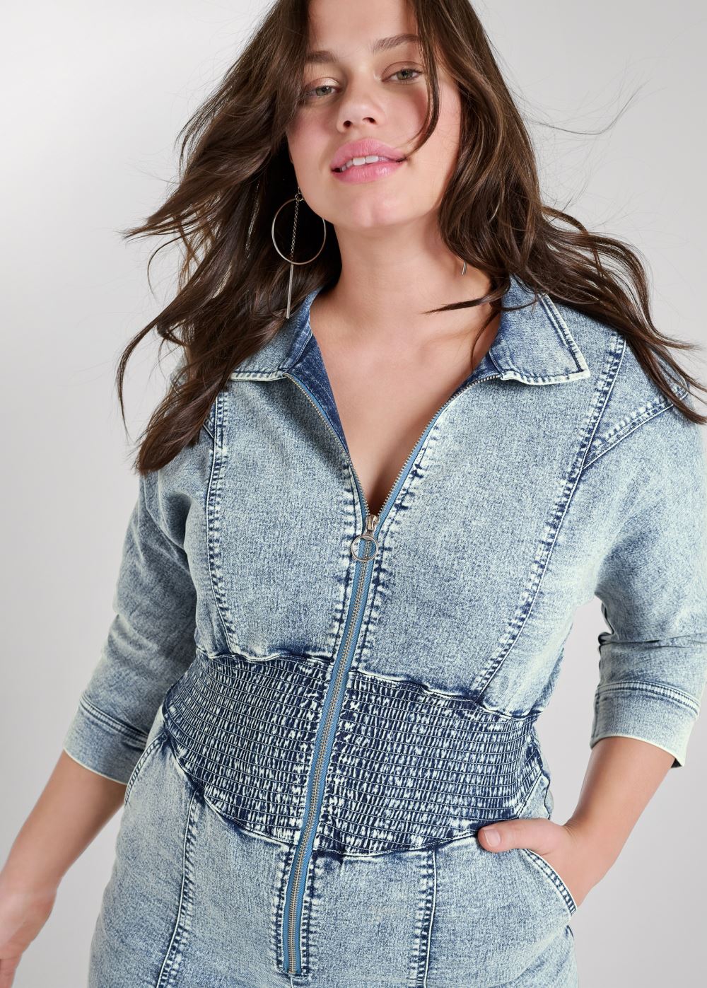 Venus Plus Size Acid Wash Smocked Jumpsuit in Cool Wash