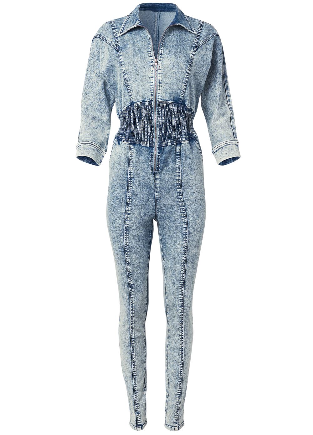 Venus Plus Size Acid Wash Smocked Jumpsuit in Cool Wash
