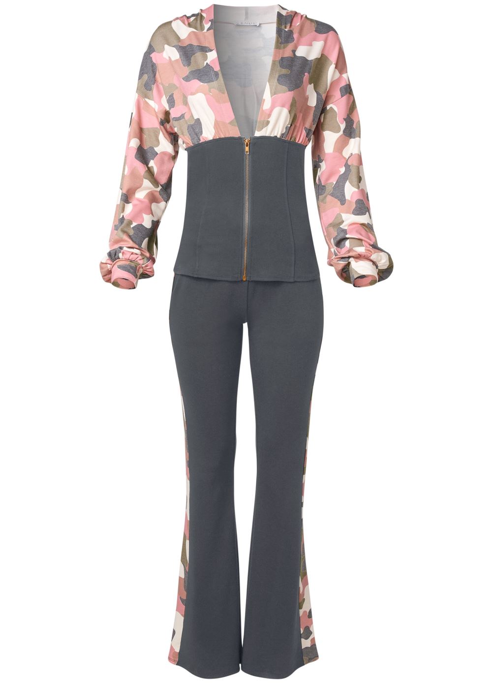 Venus Plus Size Camo Color Block Pant Set in Brown Multi
